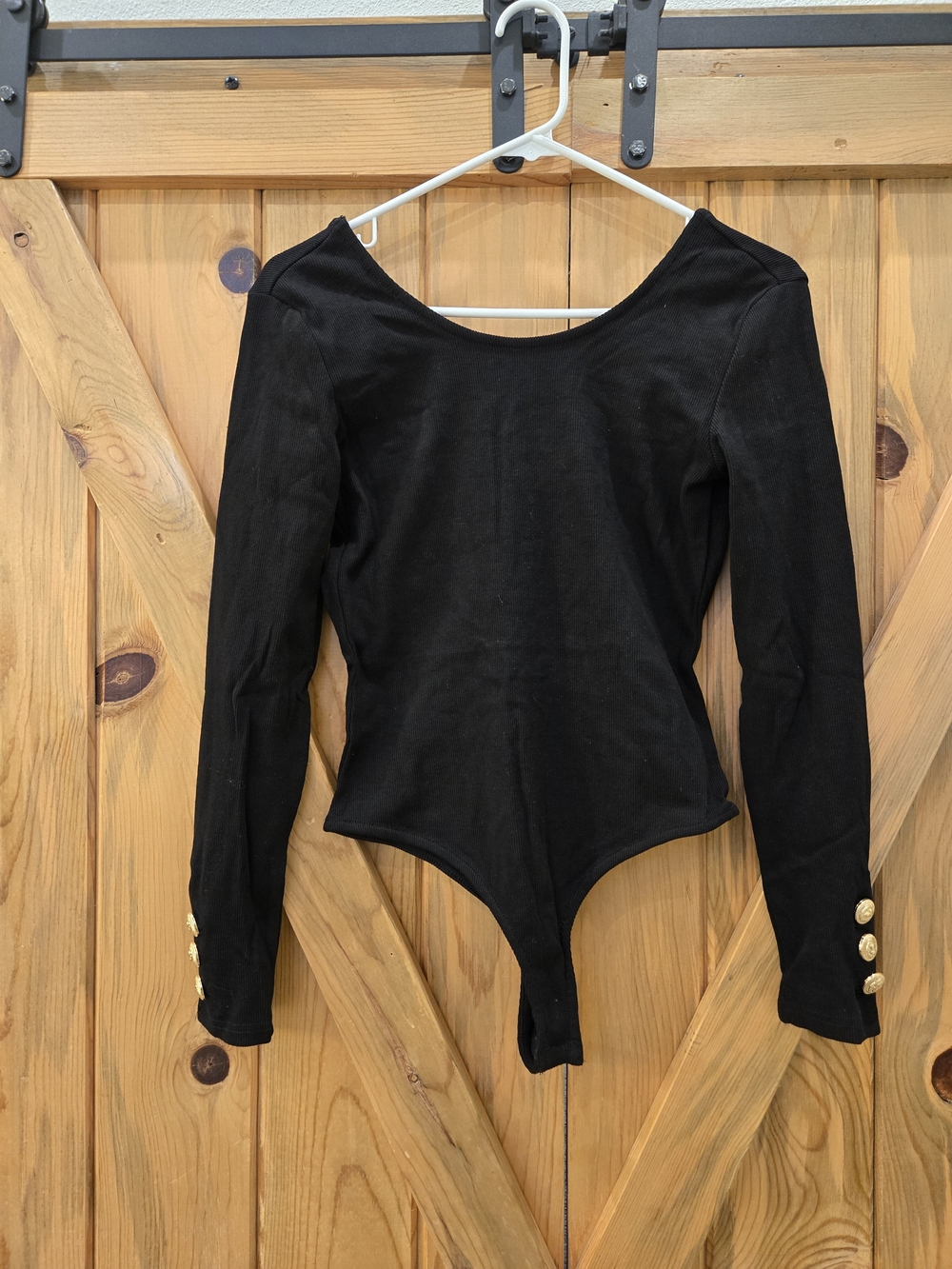 Black Long-Sleeve Bodysuit with Gold Button Cuffs - Women